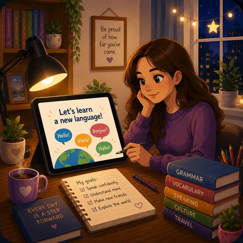 A student learning English online at home with a tablet